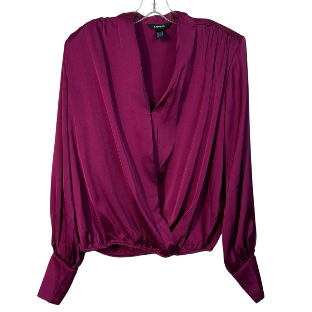 Express Conscious Edit Magenta Pink Drape Faux Wrap Silky Long Sleeve Blouse S